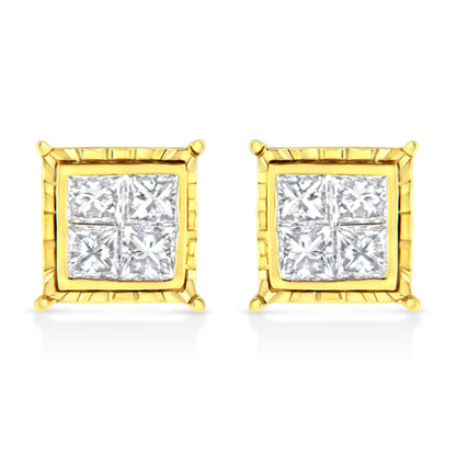 14K Yellow Gold 1.0 Cttw Invisible Set Princess-Cut Diamond Composite 8 Stone Stud Earrings (I-J Color, SI1-SI2 Clarity) by Bids.com
