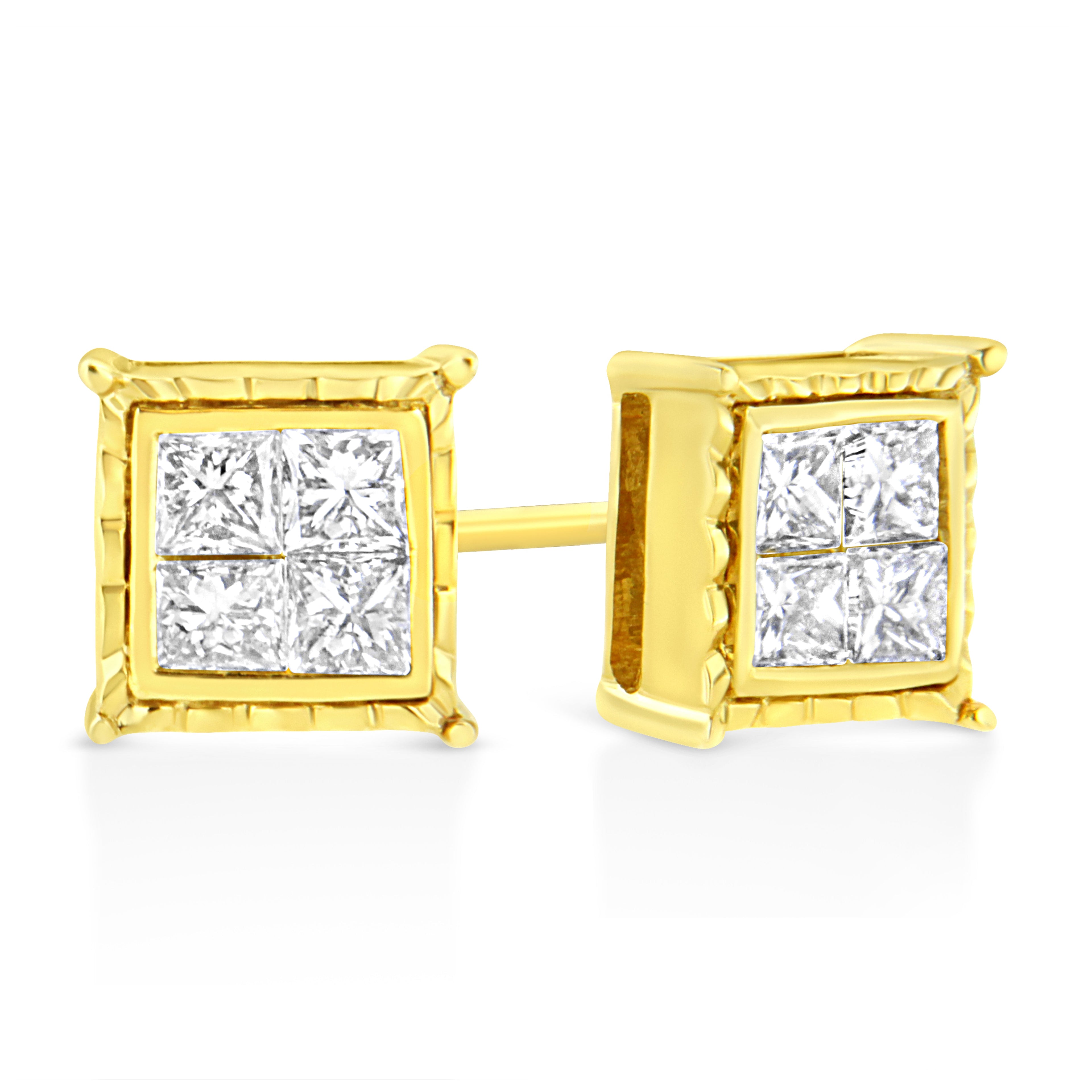14K Yellow Gold 1.0 Cttw Invisible Set Princess-Cut Diamond Composite 8 Stone Stud Earrings (I-J Color, SI1-SI2 Clarity) by Bids.com
