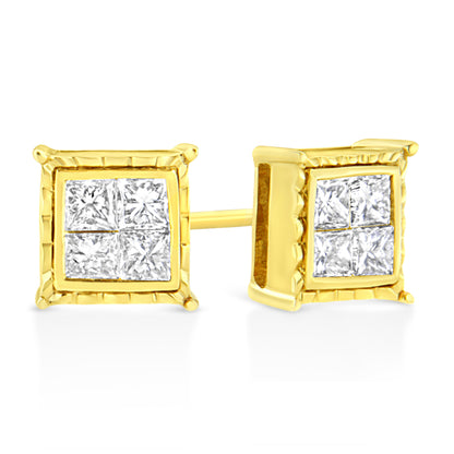 14K Yellow Gold 1.0 Cttw Invisible Set Princess-Cut Diamond Composite 8 Stone Stud Earrings (I-J Color, SI1-SI2 Clarity) by Bids.com