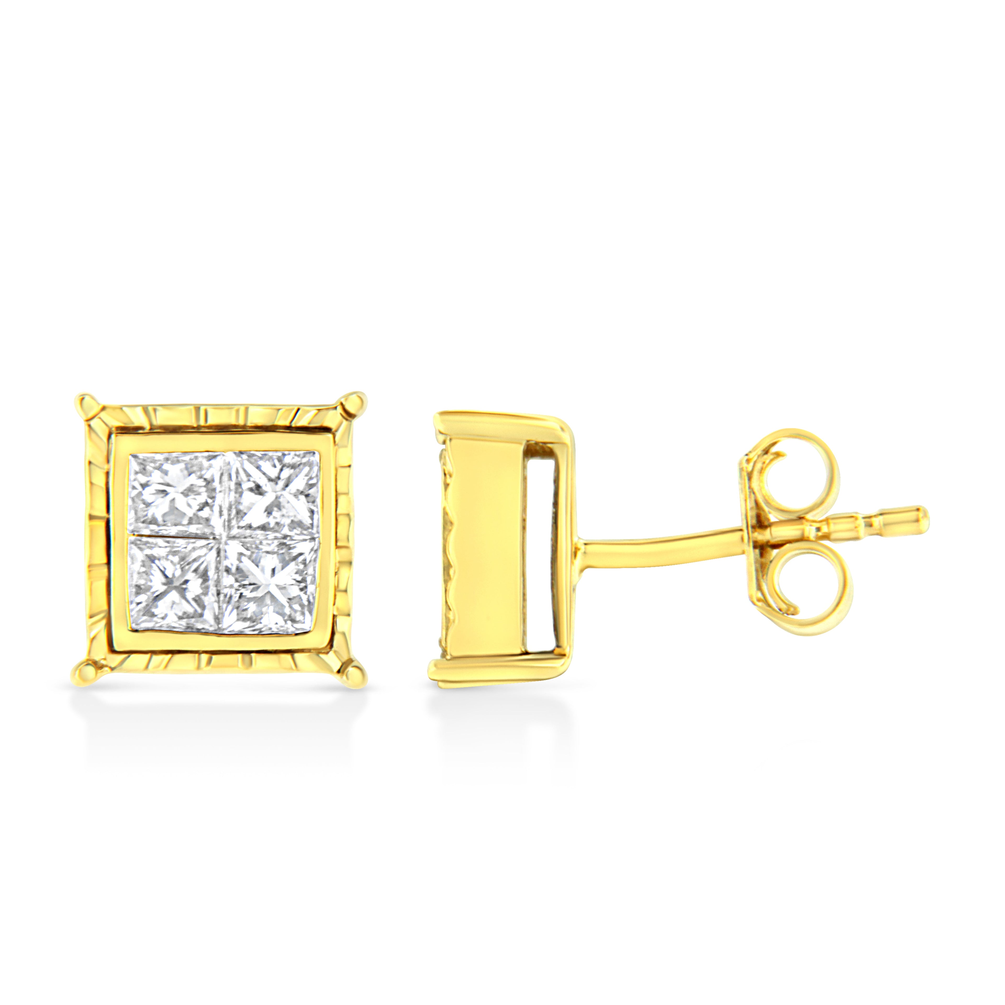 14K Yellow Gold 1.0 Cttw Invisible Set Princess-Cut Diamond Composite 8 Stone Stud Earrings (I-J Color, SI1-SI2 Clarity) by Bids.com
