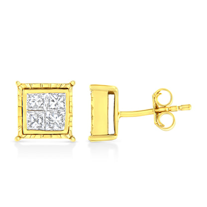 14K Yellow Gold 1.0 Cttw Invisible Set Princess-Cut Diamond Composite 8 Stone Stud Earrings (I-J Color, SI1-SI2 Clarity) by Bids.com