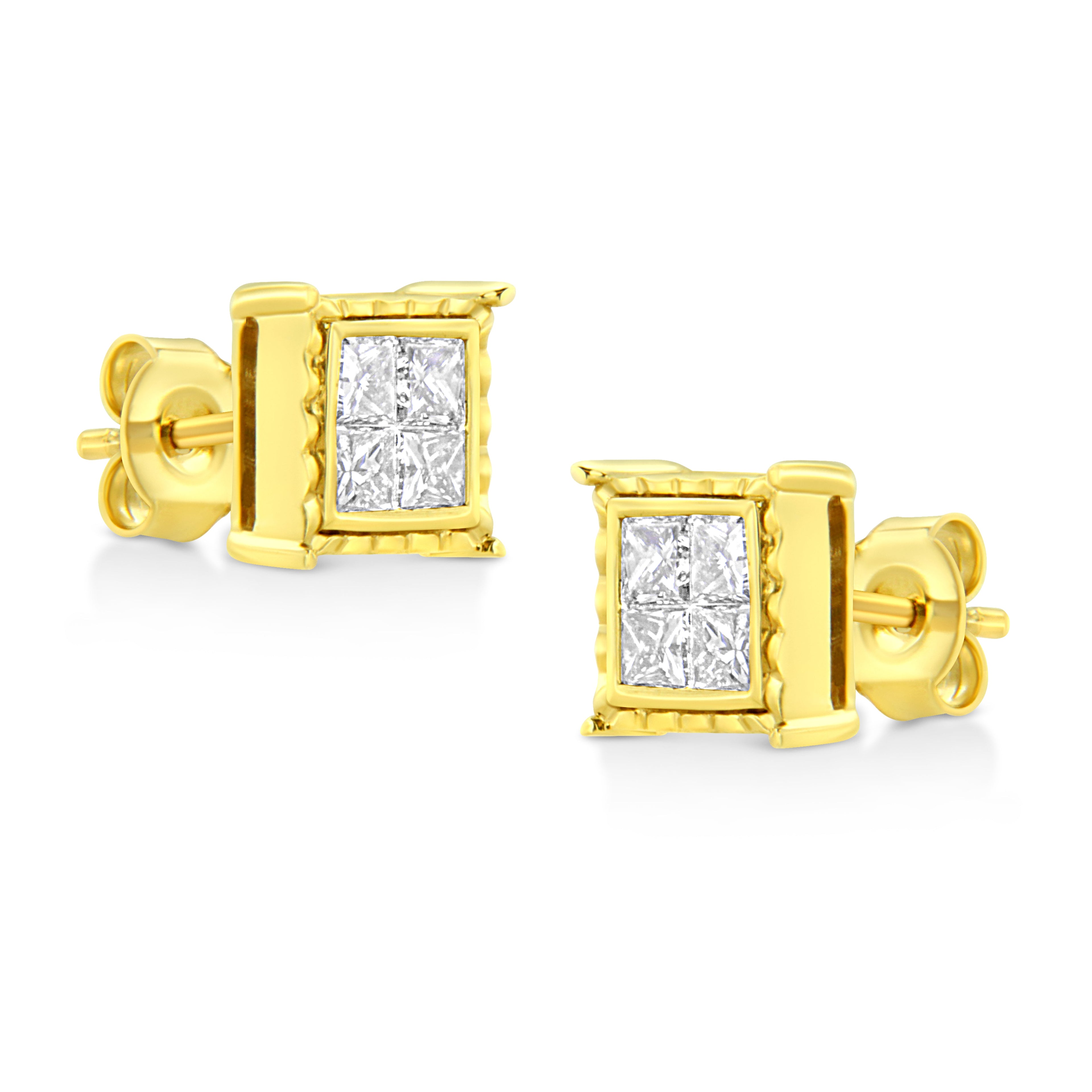 14K Yellow Gold 1.0 Cttw Invisible Set Princess-Cut Diamond Composite 8 Stone Stud Earrings (I-J Color, SI1-SI2 Clarity) by Bids.com