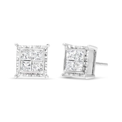14K White Gold 1 1/2 Cttw Invisible Set Princess-Cut Diamond Contemporary Wavy Quad Stud Earrings (I-J Color, I1-I2 Clarity) by Bids.com