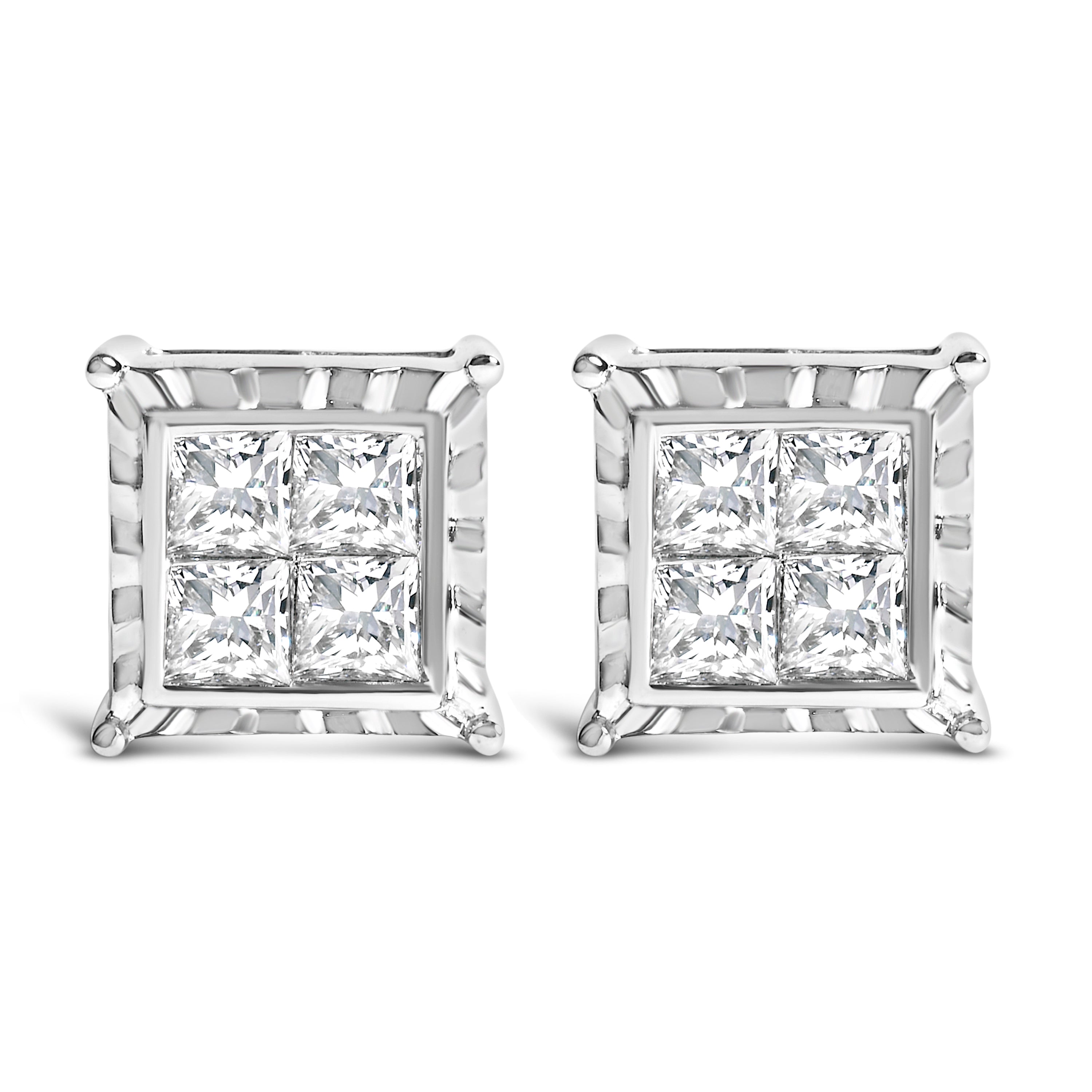 14K White Gold 2.00 Cttw Invisible Set Princess-Cut Lab Grown Diamond Wavy Quad Stud Earrings by Bids.com
