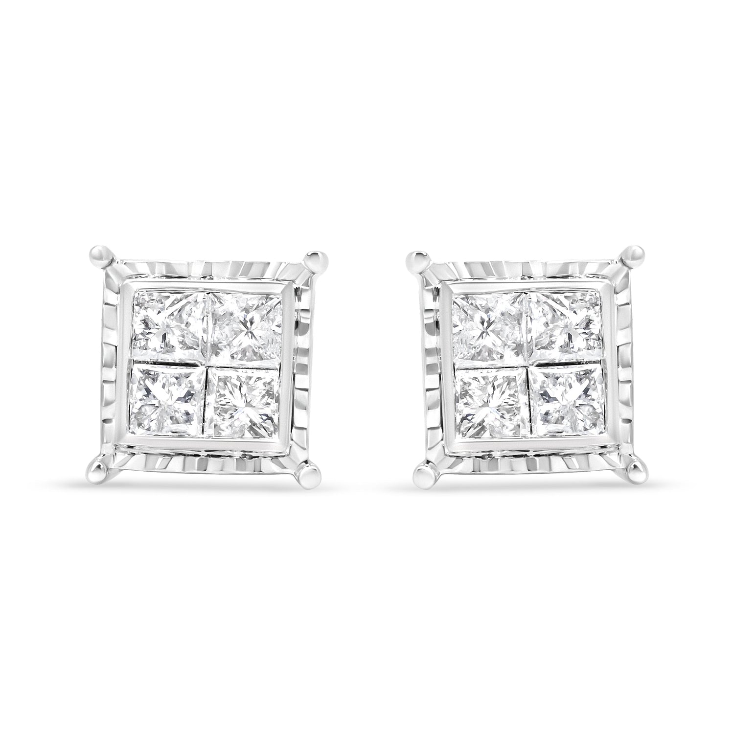 14K White Gold 1 1/2 Cttw Invisible Set Princess-Cut Diamond Contemporary Wavy Quad Stud Earrings (I-J Color, I1-I2 Clarity) by Bids.com