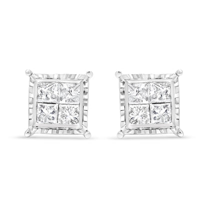 14K White Gold 1 1/2 Cttw Invisible Set Princess-Cut Diamond Contemporary Wavy Quad Stud Earrings (I-J Color, I1-I2 Clarity) by Bids.com