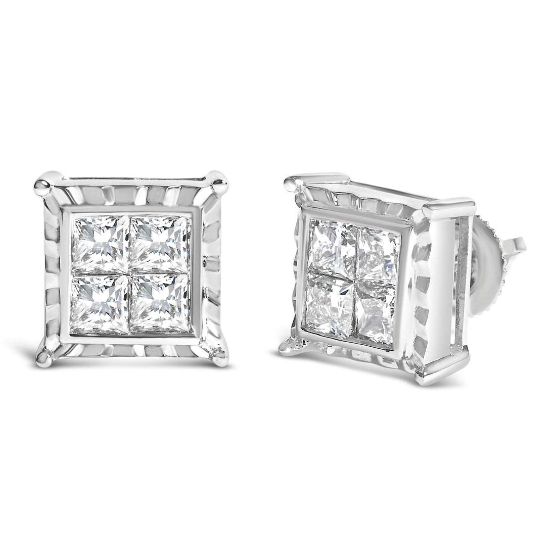 14K White Gold 2.00 Cttw Invisible Set Princess-Cut Lab Grown Diamond Wavy Quad Stud Earrings by Bids.com