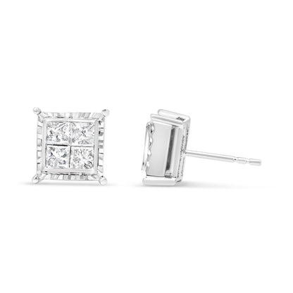 14K White Gold 1 1/2 Cttw Invisible Set Princess-Cut Diamond Contemporary Wavy Quad Stud Earrings (I-J Color, I1-I2 Clarity) by Bids.com