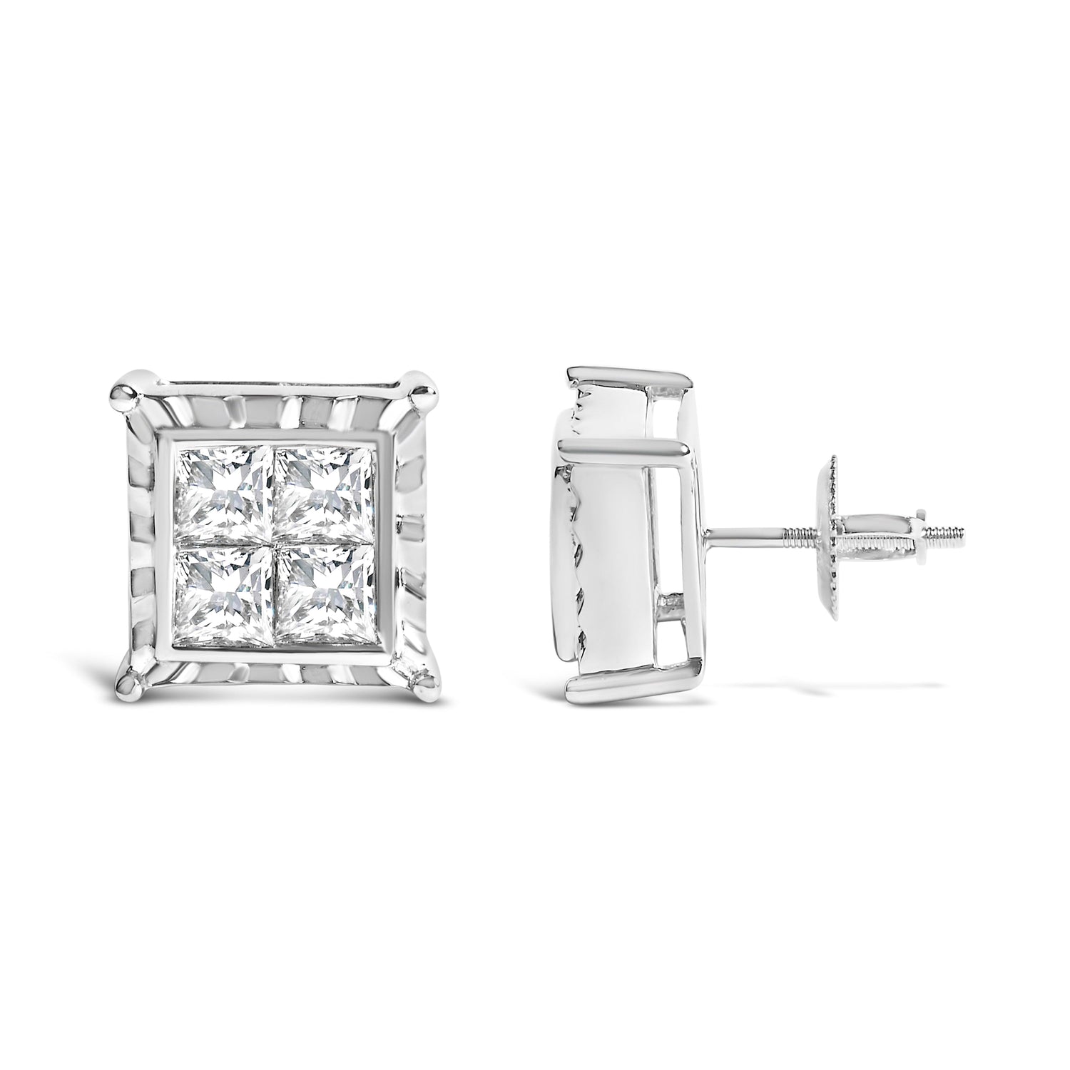 14K White Gold 2.00 Cttw Invisible Set Princess-Cut Lab Grown Diamond Wavy Quad Stud Earrings by Bids.com
