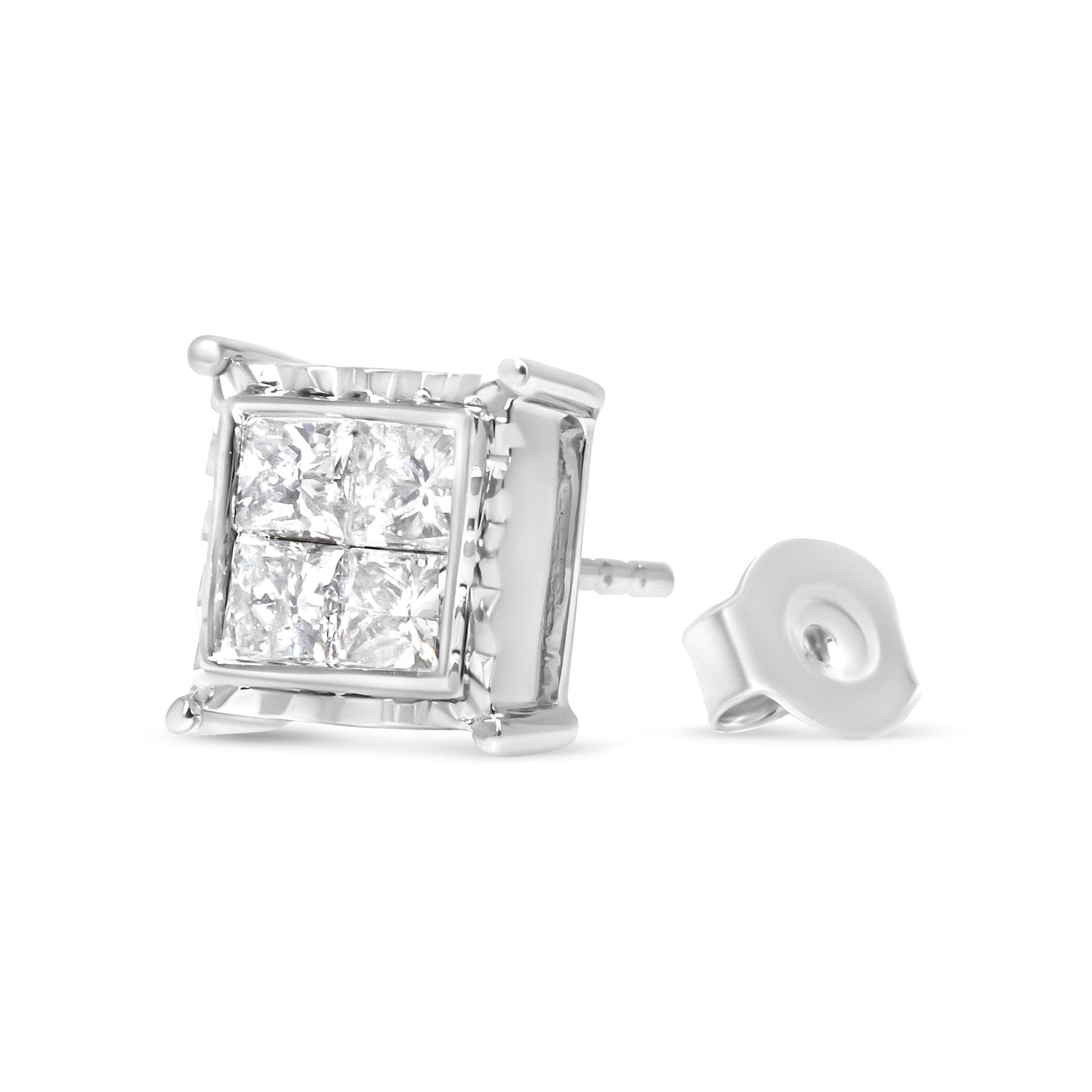 14K White Gold 1 1/2 Cttw Invisible Set Princess-Cut Diamond Contemporary Wavy Quad Stud Earrings (I-J Color, I1-I2 Clarity) by Bids.com