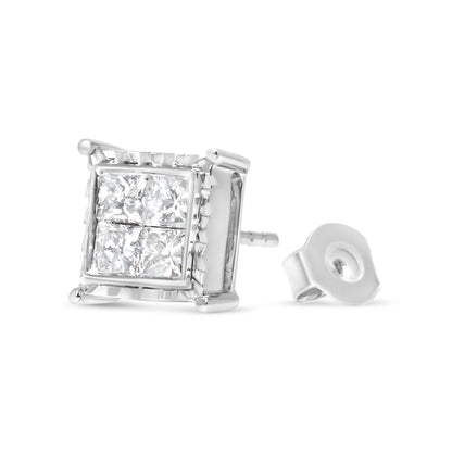 14K White Gold 2.00 Cttw Invisible Set Princess-Cut Lab Grown Diamond Wavy Quad Stud Earrings by Bids.com