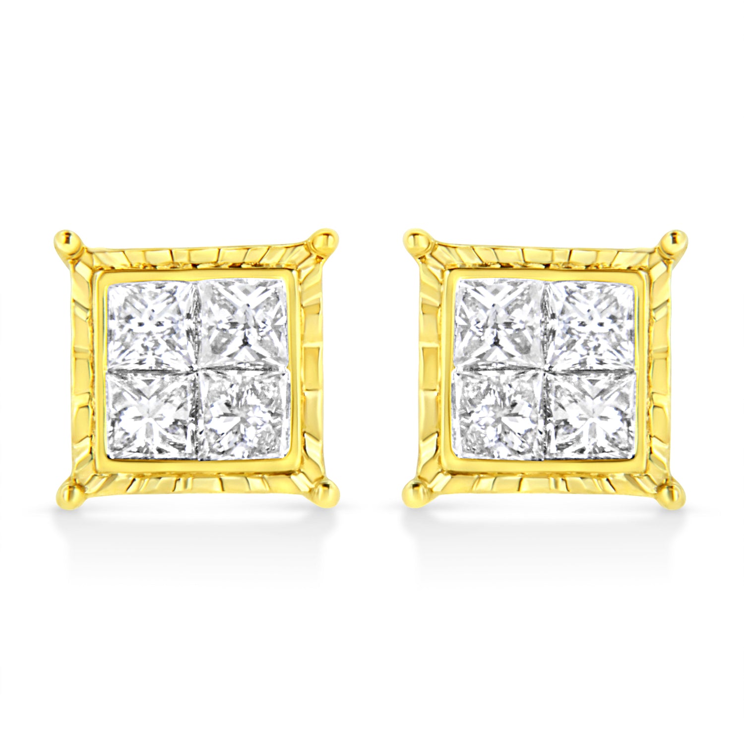 14K Yellow Gold 1.0 Cttw Invisible Set Princess-Cut Diamond Composite 8 Stone Stud Earrings (I-J Color, SI1-SI2 Clarity) by Bids.com