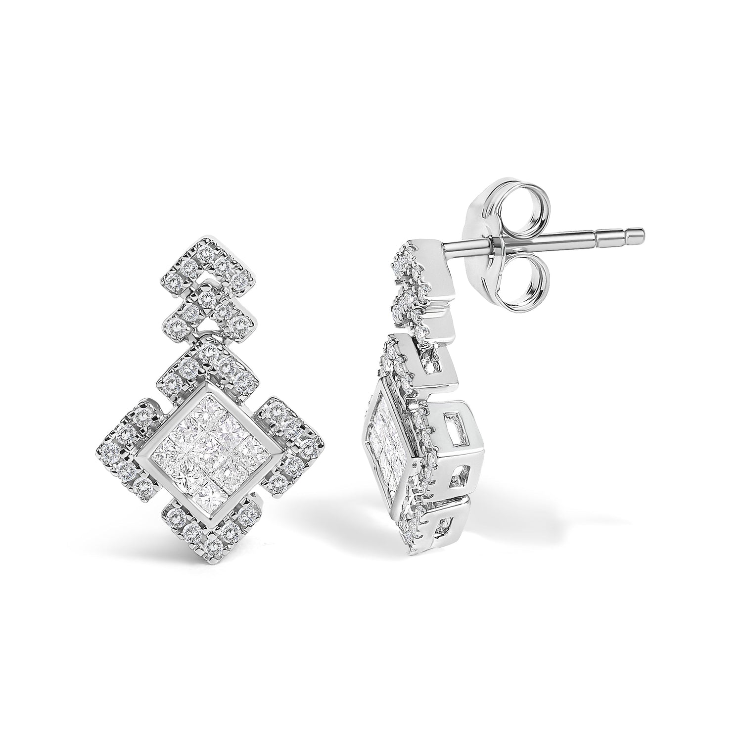 10K White Gold 3/5 Cttw Princess Diamond Geometric Drop Earrings  DestGlow