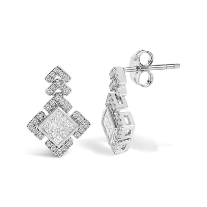 10K White Gold 3/5 Cttw Princess Diamond Geometric Drop Earrings  DestGlow