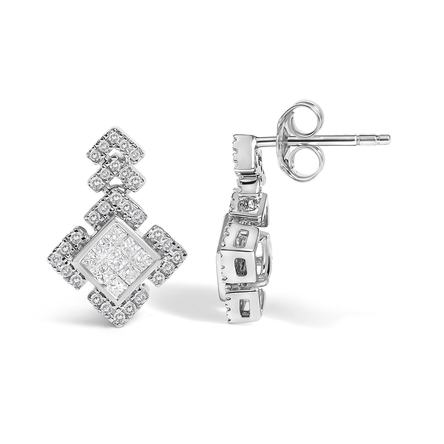 10K White Gold 3/5 Cttw Princess Diamond Geometric Drop Earrings  DestGlow