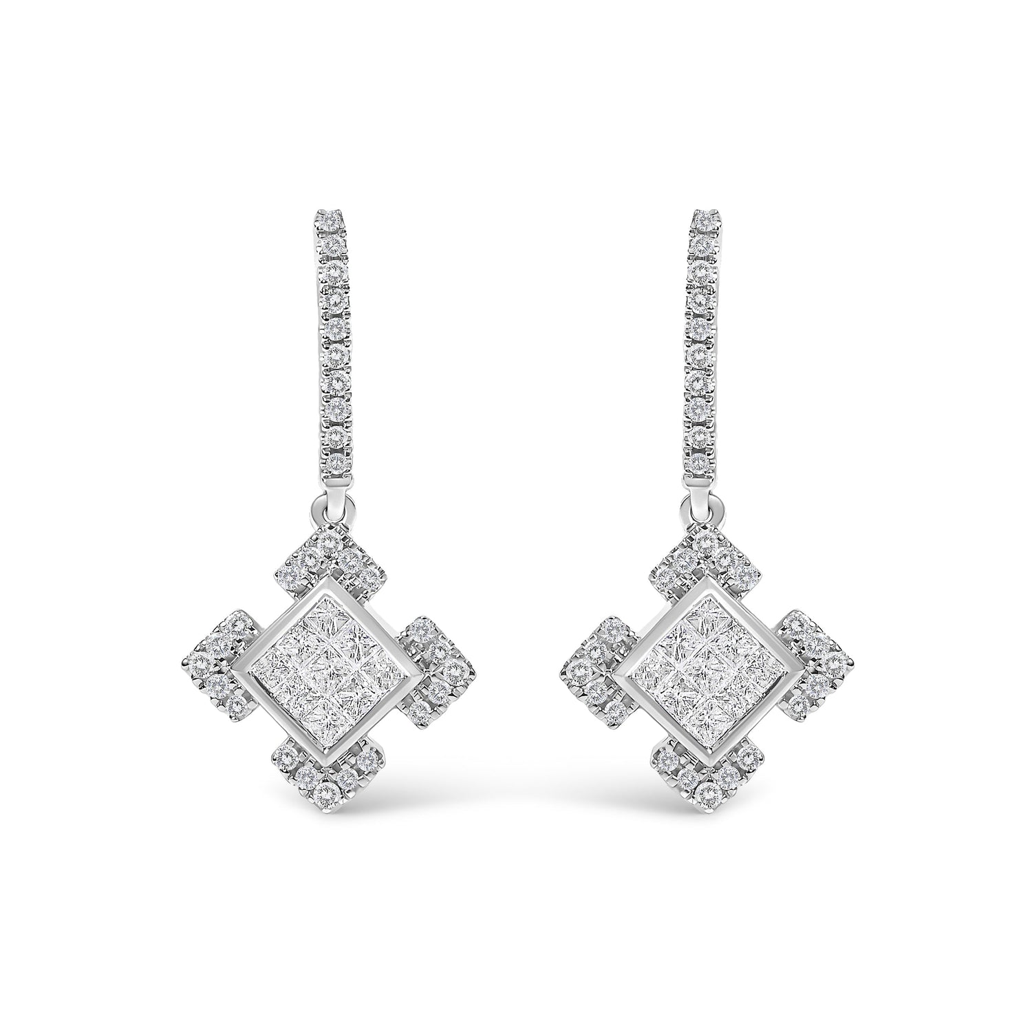 10K White Gold Princess and Round Diamond Geometric Composite Dangle Earrings  DestGlow