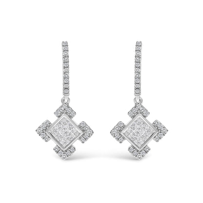 10K White Gold Princess and Round Diamond Geometric Composite Dangle Earrings  DestGlow