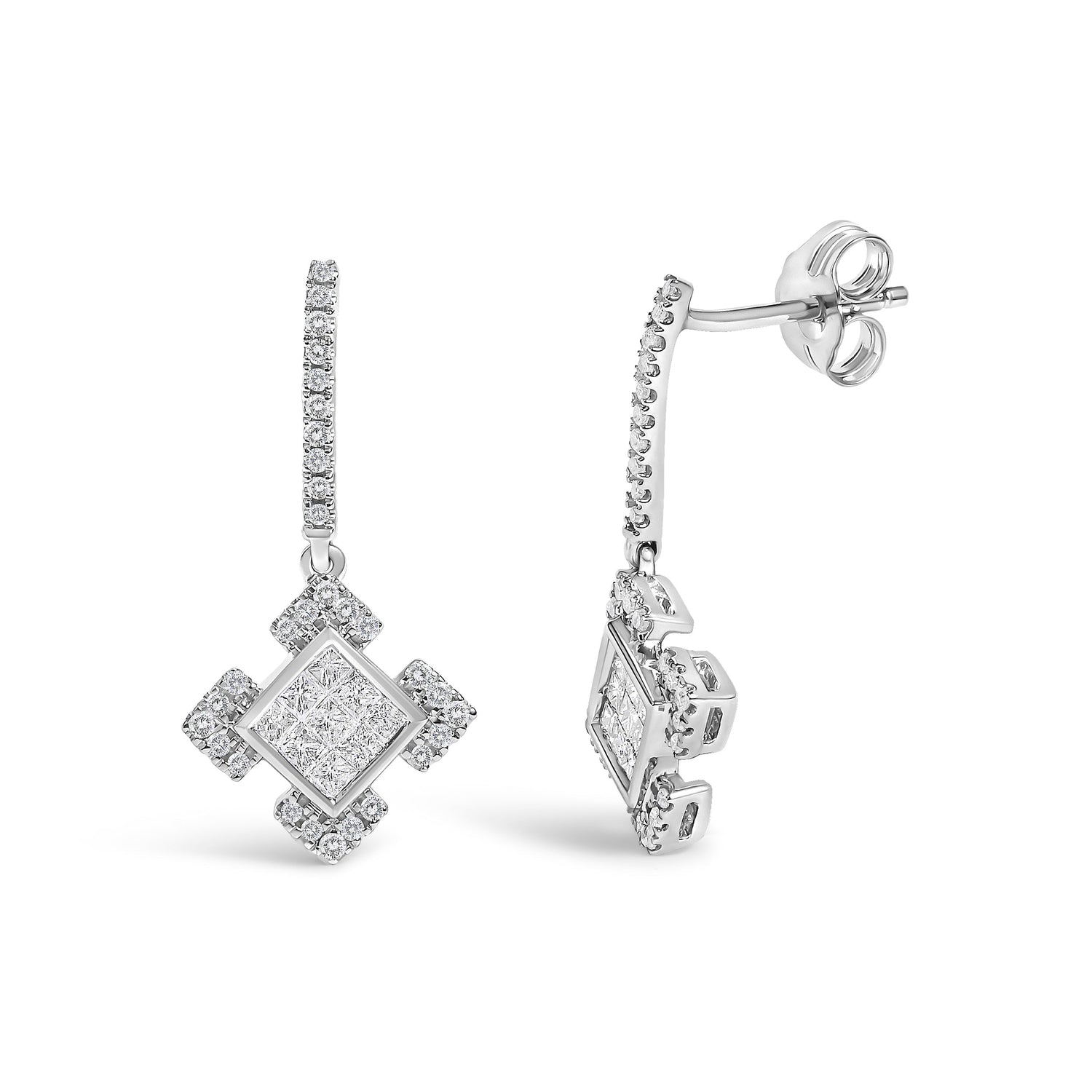 10K White Gold Princess and Round Diamond Geometric Composite Dangle Earrings  DestGlow