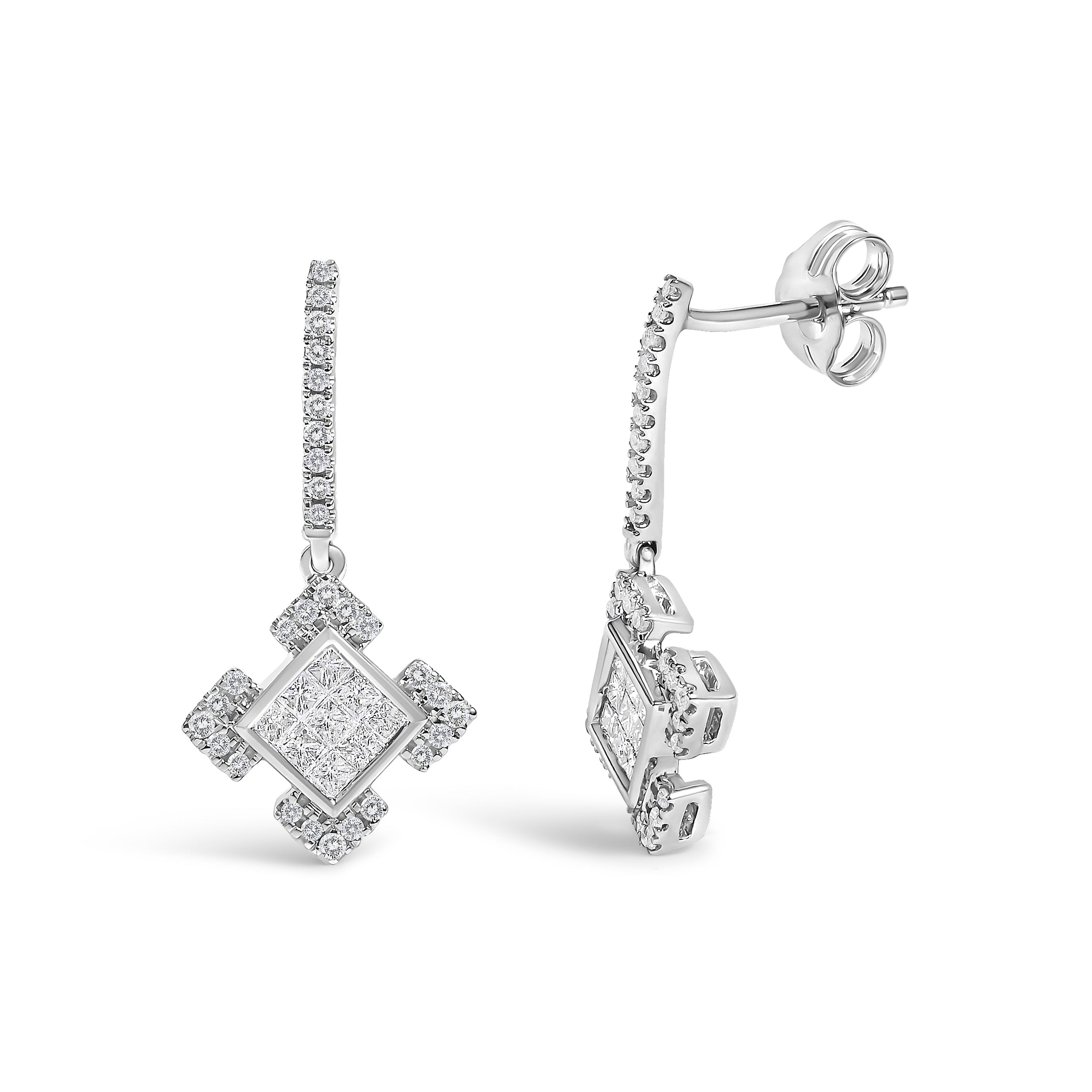 10K White Gold Princess and Round Diamond Geometric Composite Dangle Earrings  DestGlow