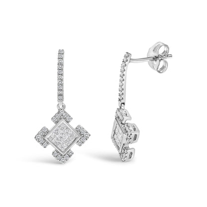 10K White Gold Princess and Round Diamond Geometric Composite Dangle Earrings  DestGlow
