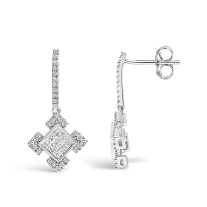 10K White Gold Princess and Round Diamond Geometric Composite Dangle Earrings  DestGlow