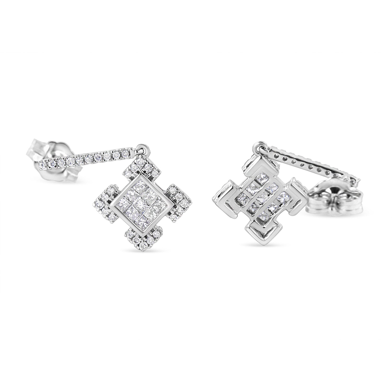 10K White Gold Princess and Round Diamond Geometric Composite Dangle Earrings  DestGlow