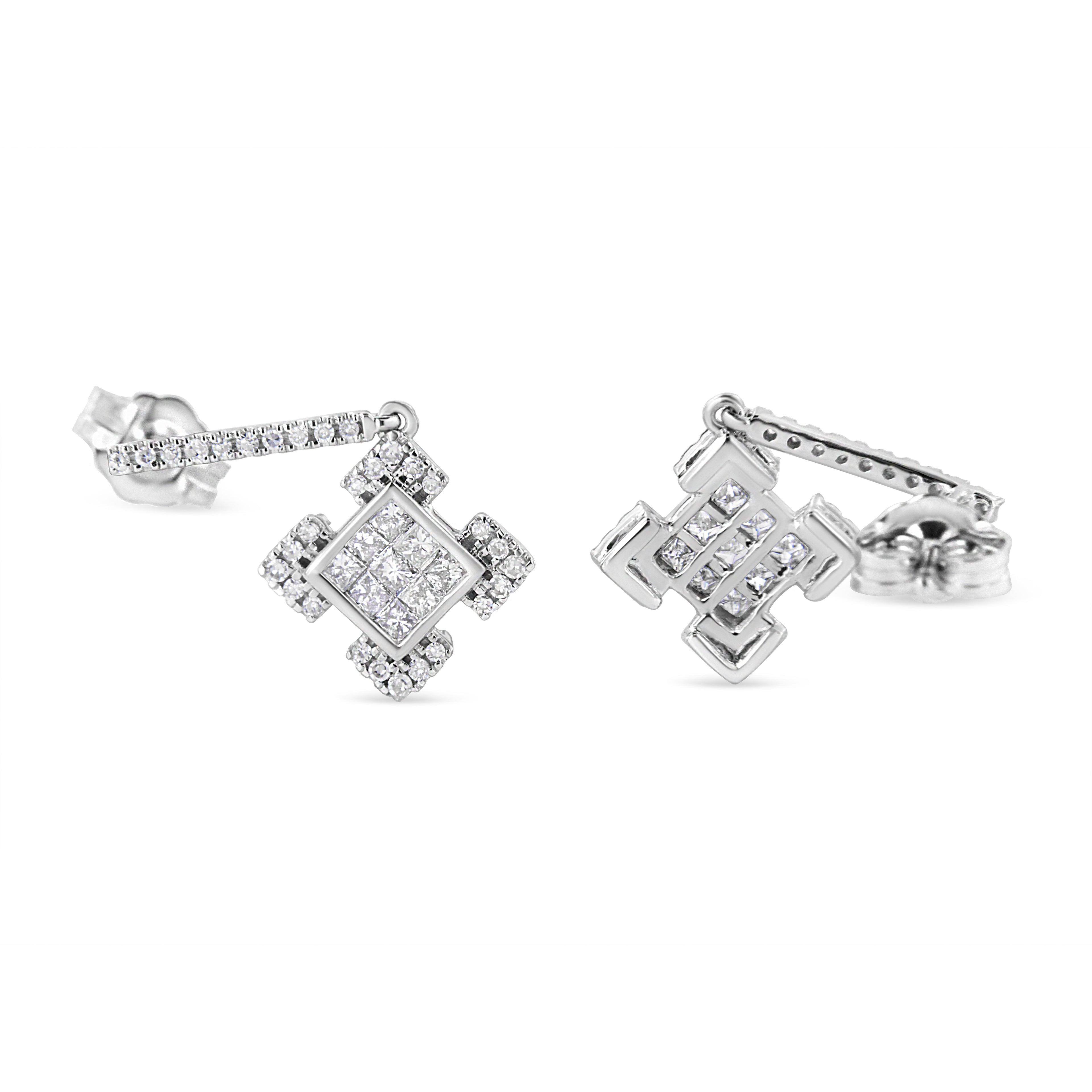 10K White Gold Princess and Round Diamond Geometric Composite Dangle Earrings  DestGlow