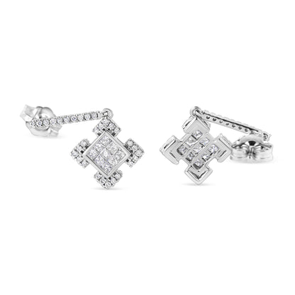 10K White Gold Princess and Round Diamond Geometric Composite Dangle Earrings  DestGlow
