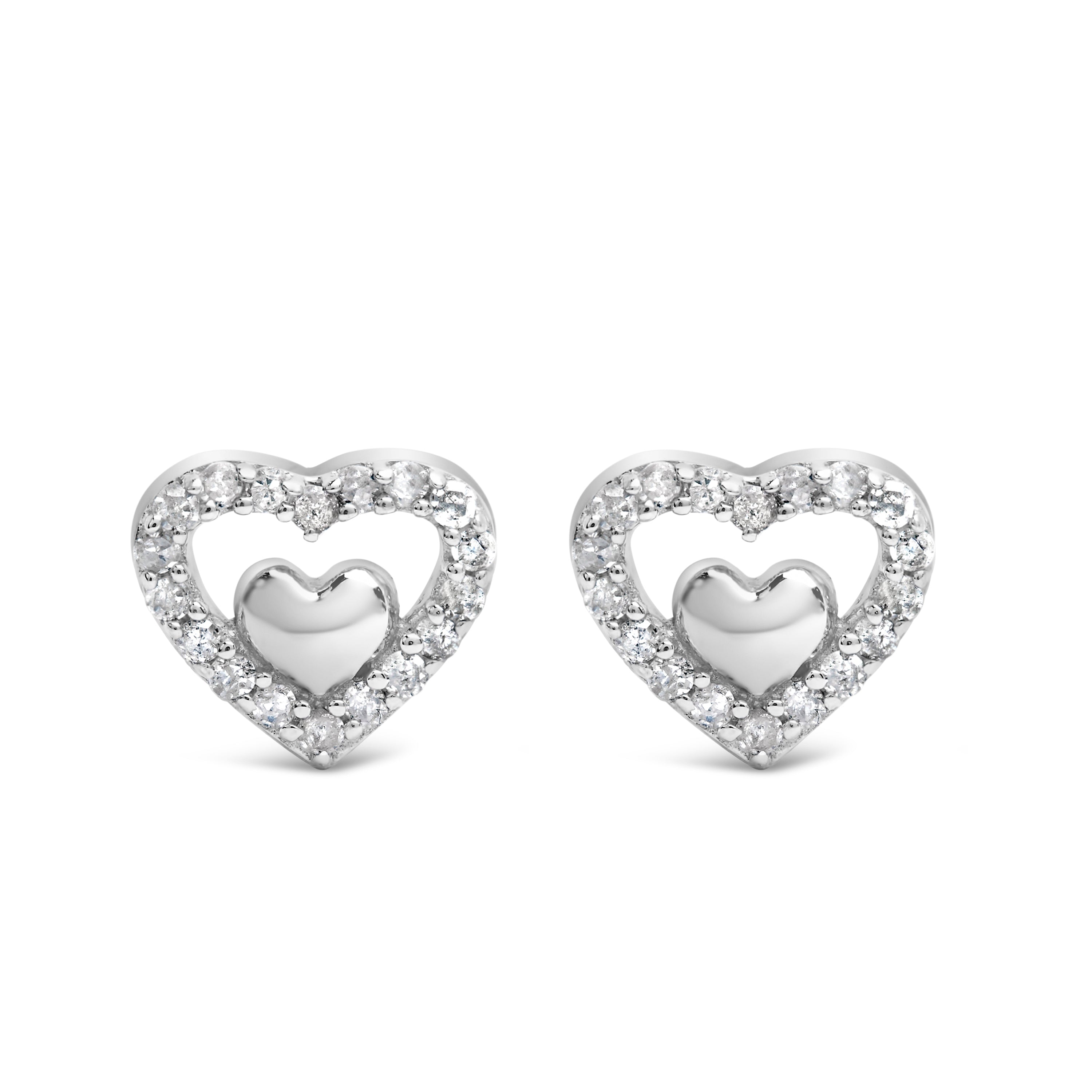 925 Sterling Silver 1/6 Cttw Diamond Open Double Heart Stud Earrings (I-J Color, I3 Clarity) by Bids.com