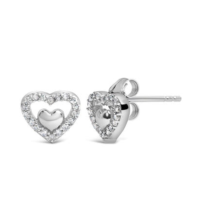 925 Sterling Silver 1/6 Cttw Diamond Open Double Heart Stud Earrings (I-J Color, I3 Clarity) by Bids.com
