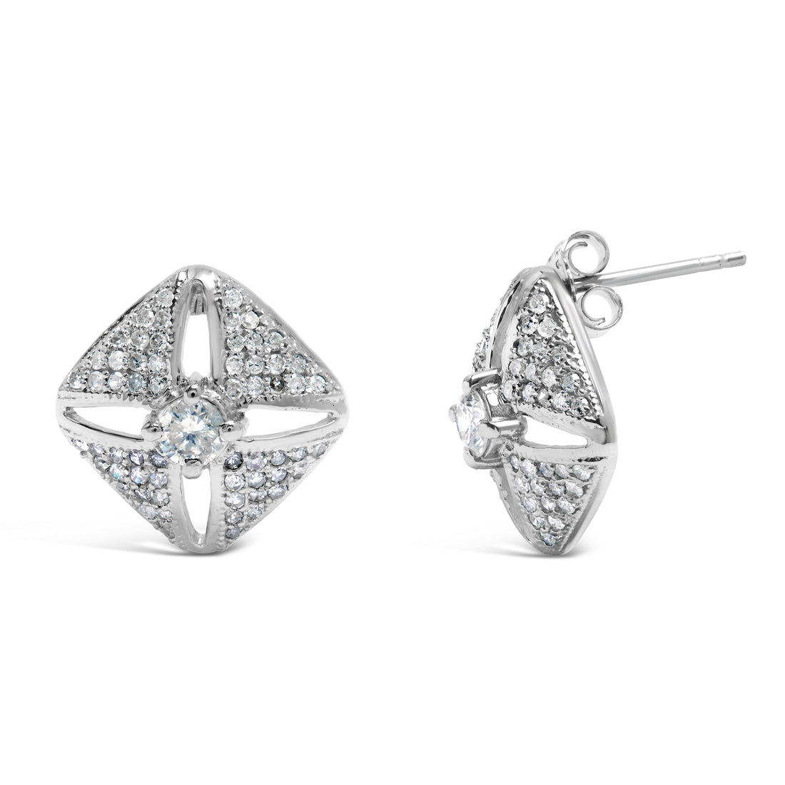 .925 Sterling Silver 1.0 Cttw Diamond Studded Rhombus Stud Earring (H-I Color, I2-I3 Clarity) by Bids.com