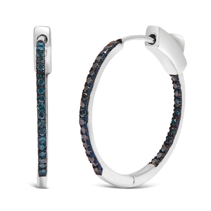 .925 Sterling Silver 1/3 Cttw Inside Out Blue Treated Diamond 1MM Wide Hoop Earrings (Blue Color, I2-I3 Clarity) by Bids.com