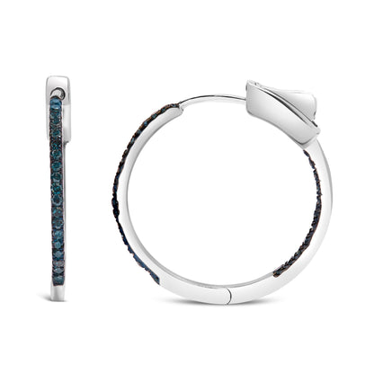 .925 Sterling Silver 1/3 Cttw Inside Out Blue Treated Diamond 1MM Wide Hoop Earrings (Blue Color, I2-I3 Clarity) by Bids.com
