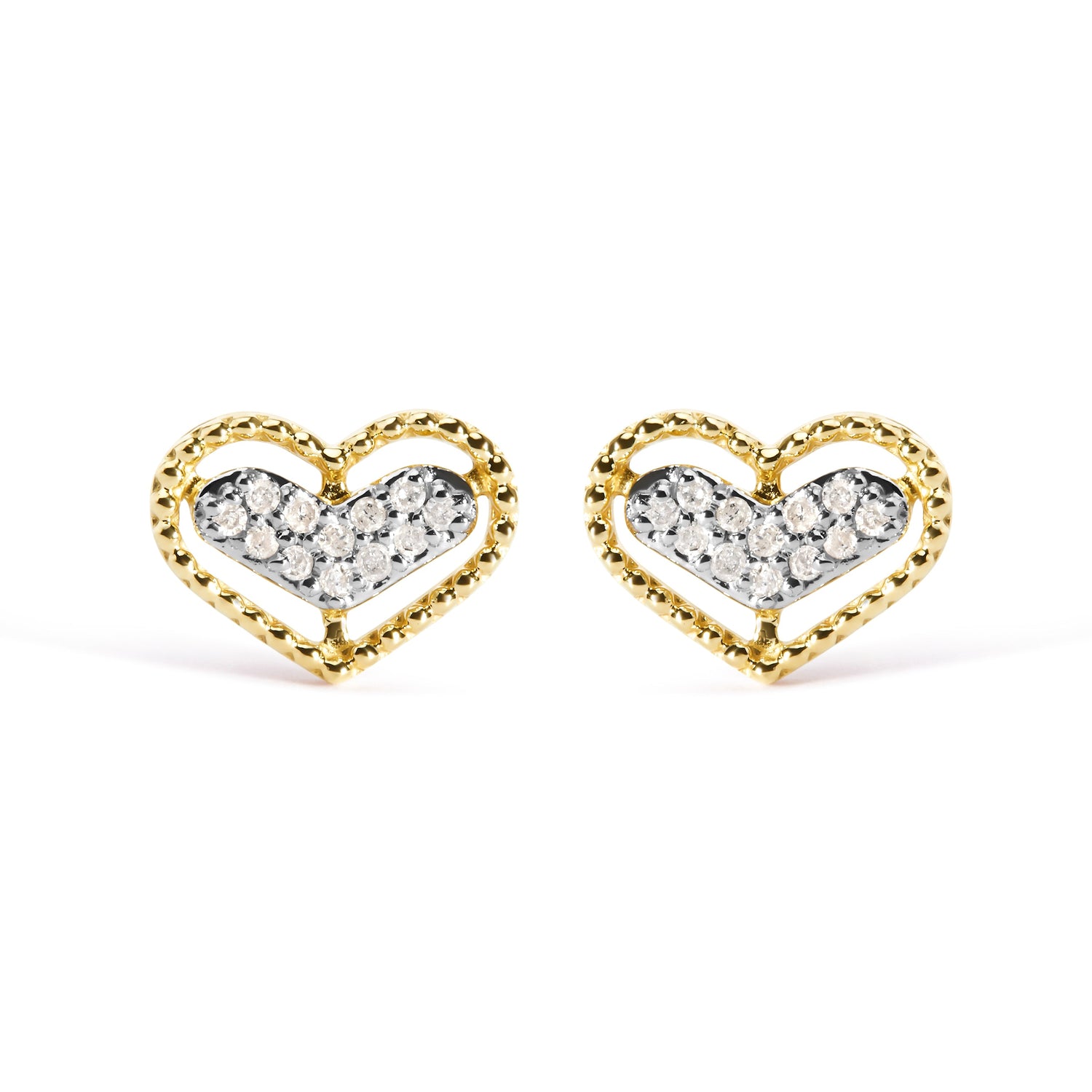 10K Yellow Gold 1/10 Cttw Diamond Heart and Beaded Halo Stud Earrings (I-J Color, I1-I2 Clarity) by Bids.com