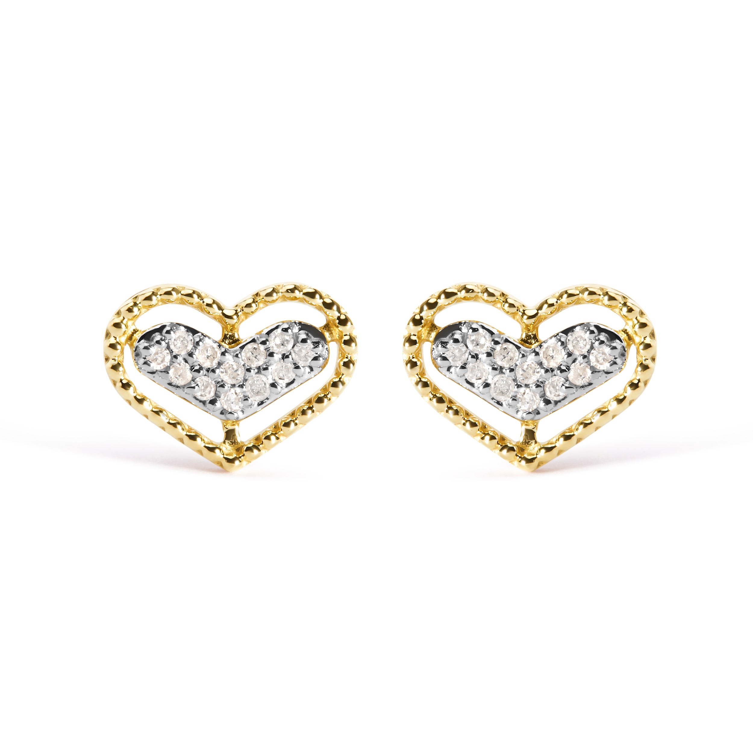 10K Yellow Gold 1/10 Cttw Diamond Heart and Beaded Halo Stud Earrings (I-J Color, I1-I2 Clarity) by Bids.com