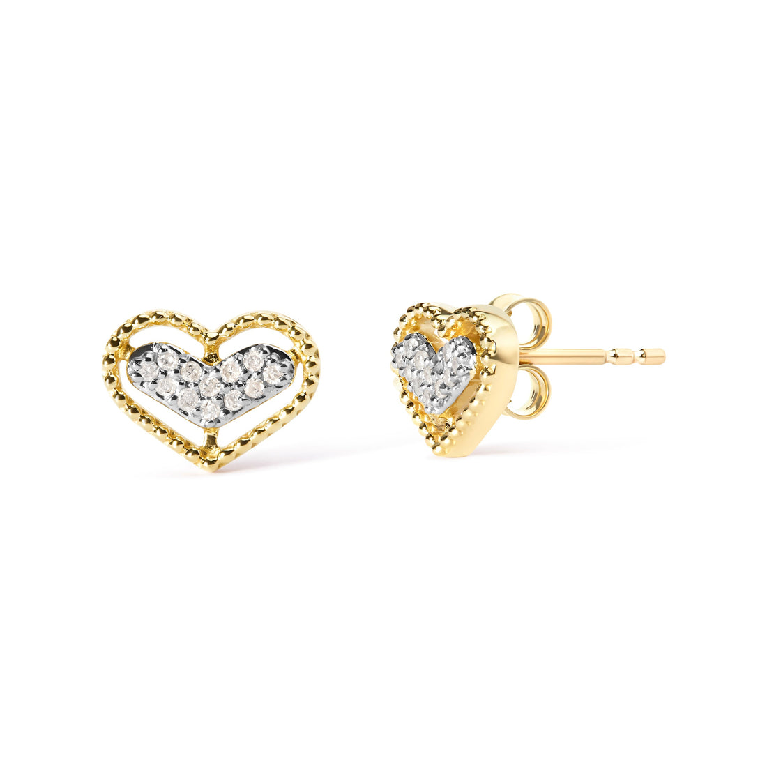 10K Yellow Gold 1/10 Cttw Diamond Heart and Beaded Halo Stud Earrings (I-J Color, I1-I2 Clarity) by Bids.com
