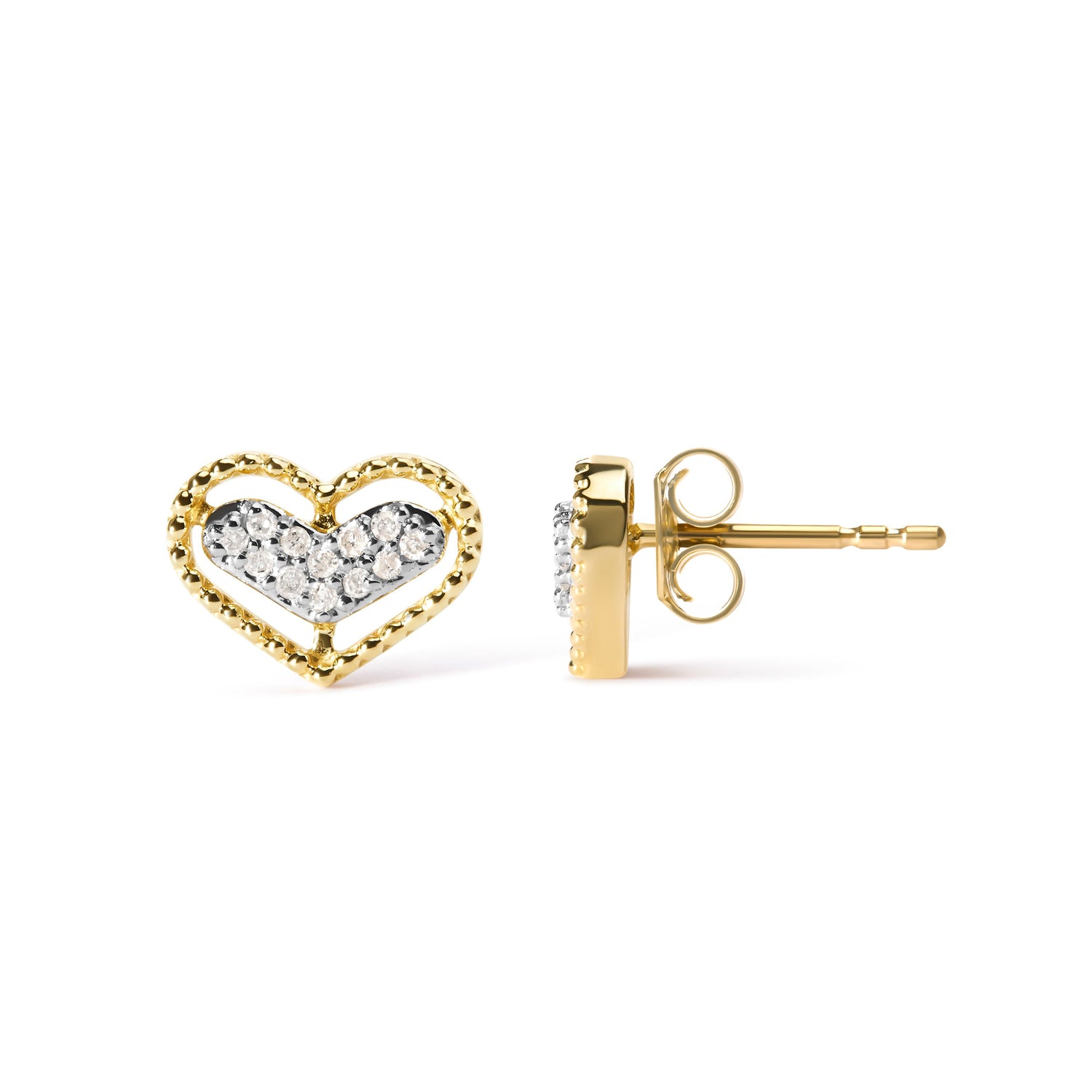 10K Yellow Gold 1/10 Cttw Diamond Heart and Beaded Halo Stud Earrings (I-J Color, I1-I2 Clarity) by Bids.com