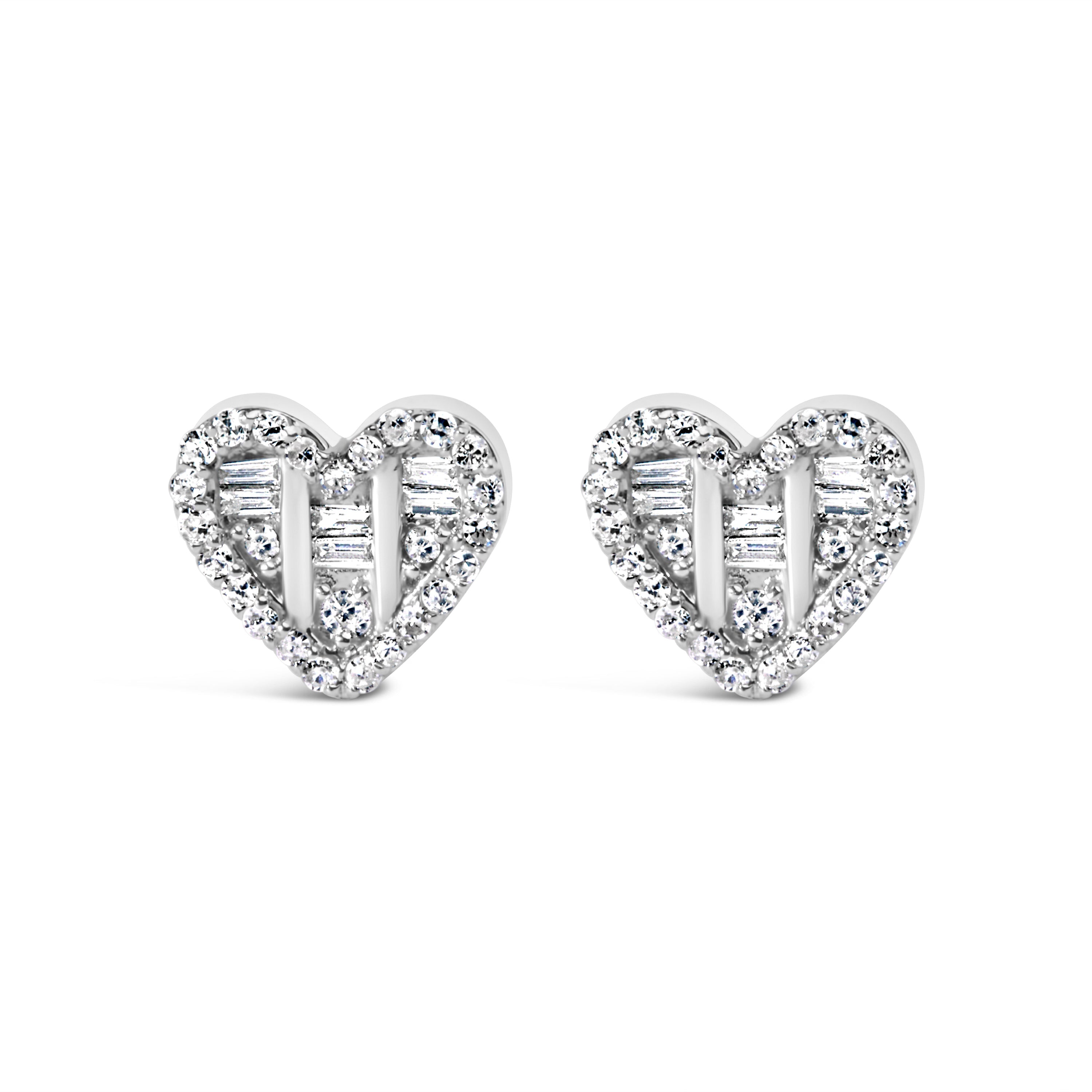 14K Yellow Gold Plated .925 Sterling Silver 1/2 Cttw Round and Baguette Diamond Composite Heart Shaped Stud Earring (I-J Color, SI2-I1 Clarity) by Bids.com