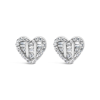14K Yellow Gold Plated .925 Sterling Silver 1/2 Cttw Round and Baguette Diamond Composite Heart Shaped Stud Earring (I-J Color, SI2-I1 Clarity) by Bids.com