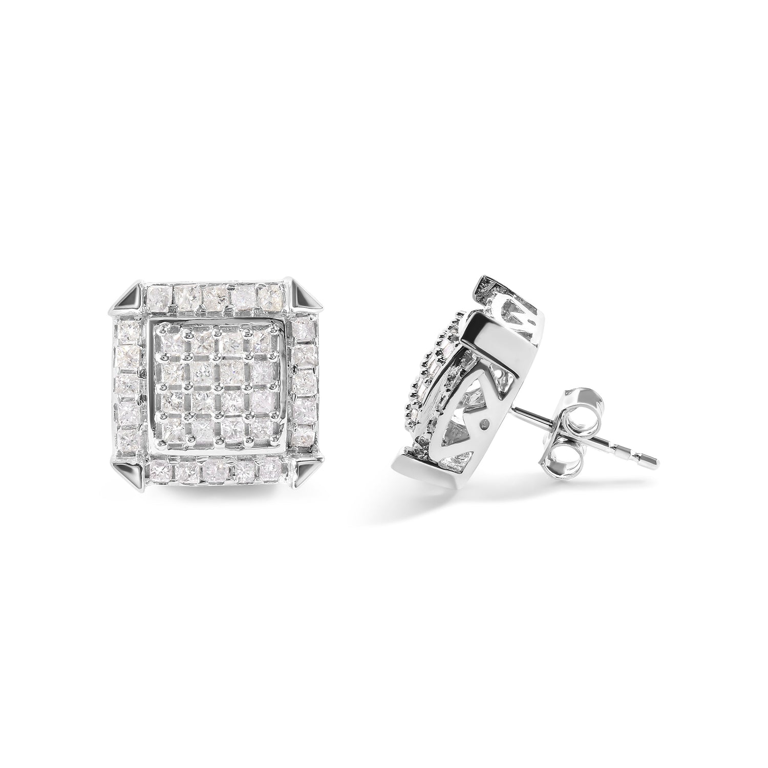 10K White Gold 1 1/10 Cttw Princess Diamond Composite and Halo Stud Earrings (I-J Color, I1-I2 Clarity) by Bids.com
