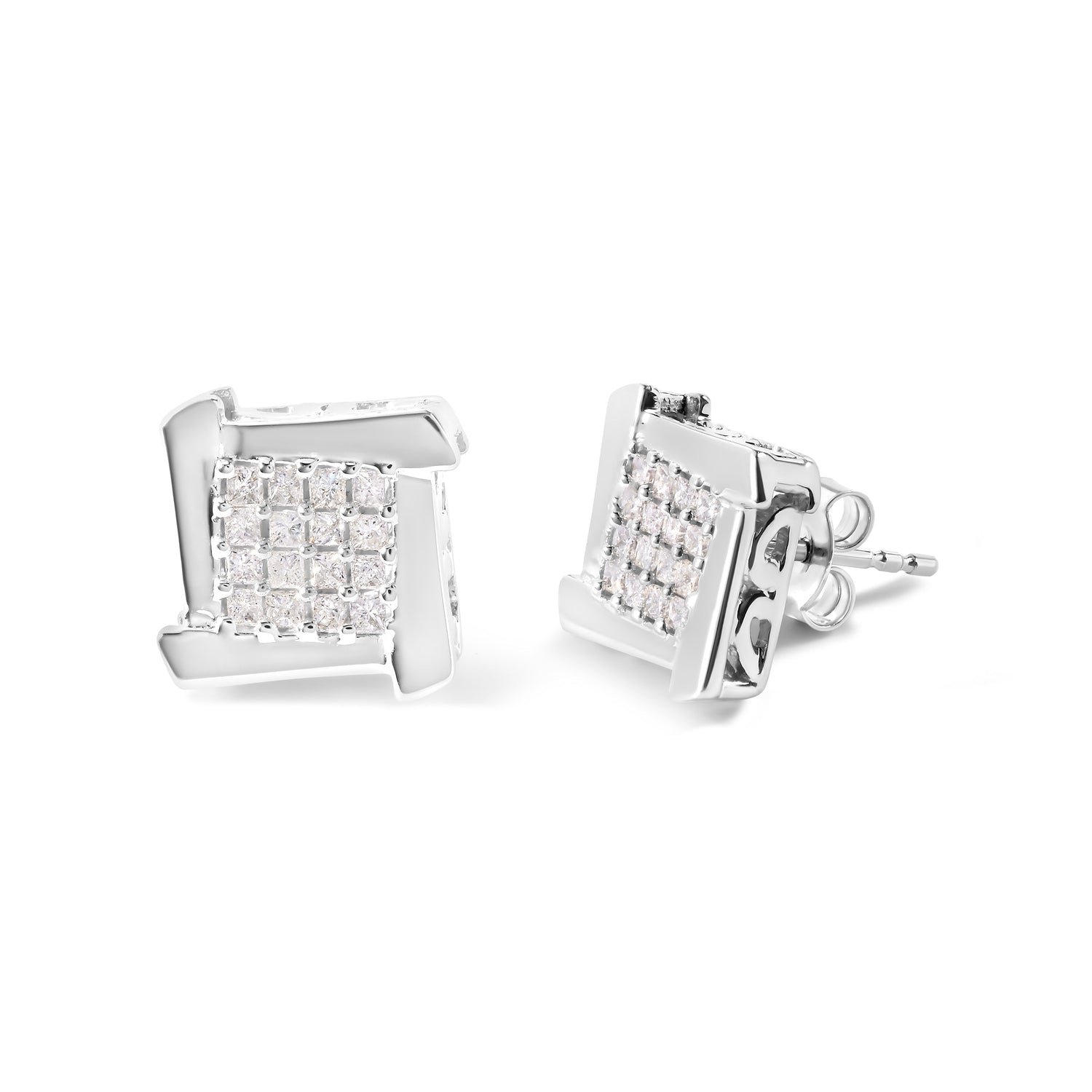 10K White Gold 1/2 Cttw Composite Princess Diamond Square and Swirl Stud Earrings (I-J Color, I1-I2 Clarity) by Bids.com