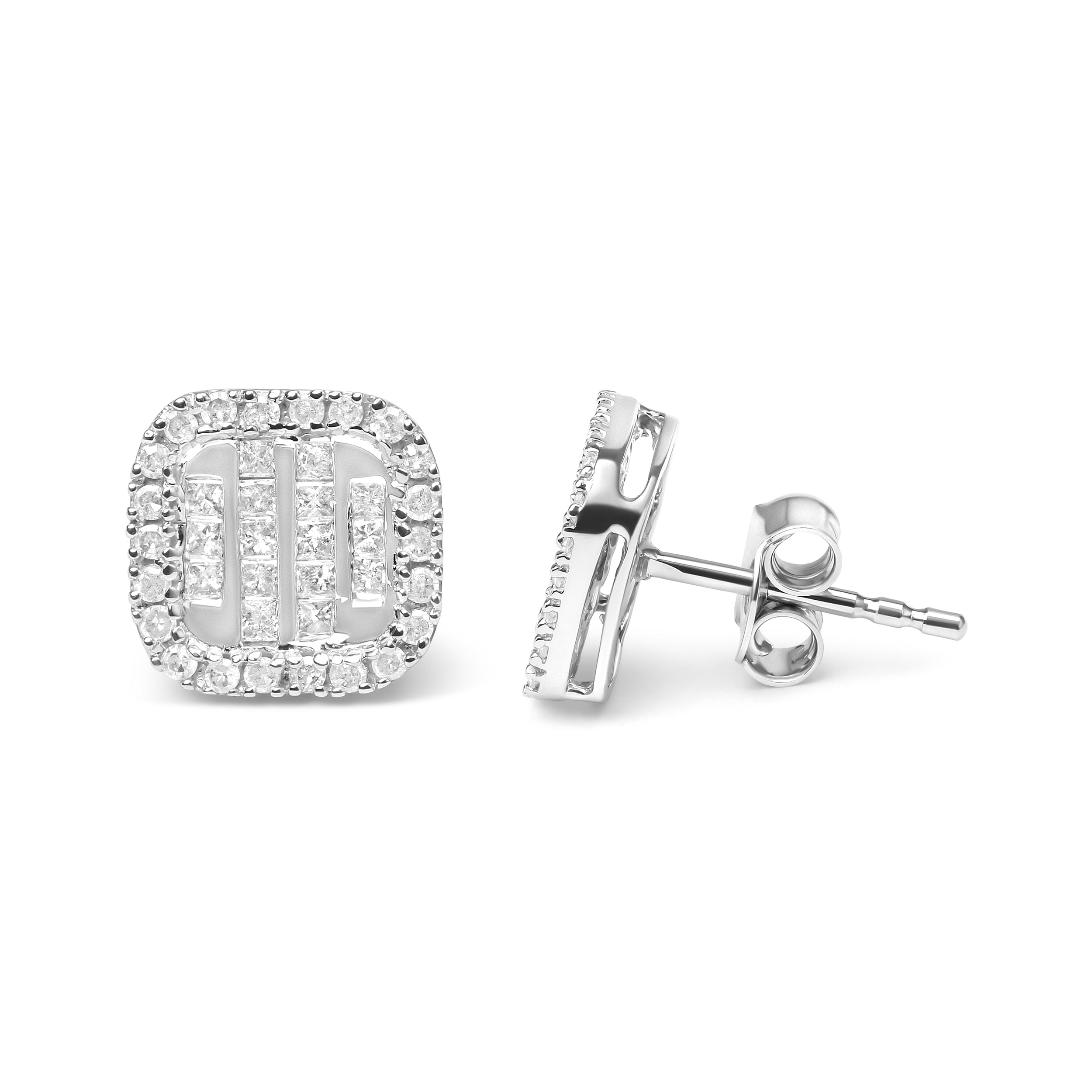 10K White Gold 7/8 Cttw Diamond Princess Composite and Halo Stud Earrings (I-J Color, I1-I2 Clarity) by Bids.com