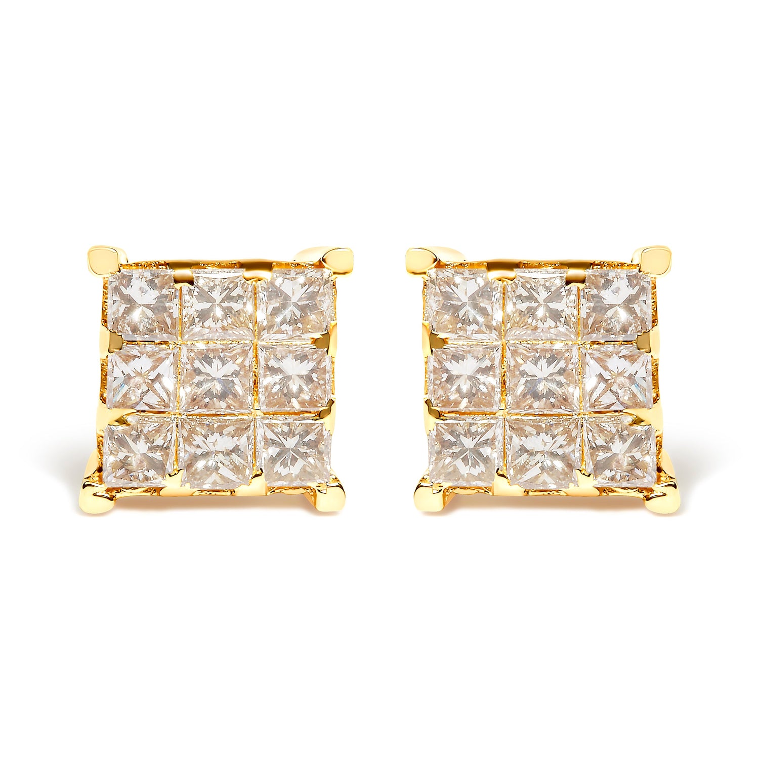 14K Yellow Gold 1 1/2 Cttw Invisible Set Princess-Cut Diamond 9 Stone Square Stud Earrings (J-K Color, SI2-I1 Clarity)