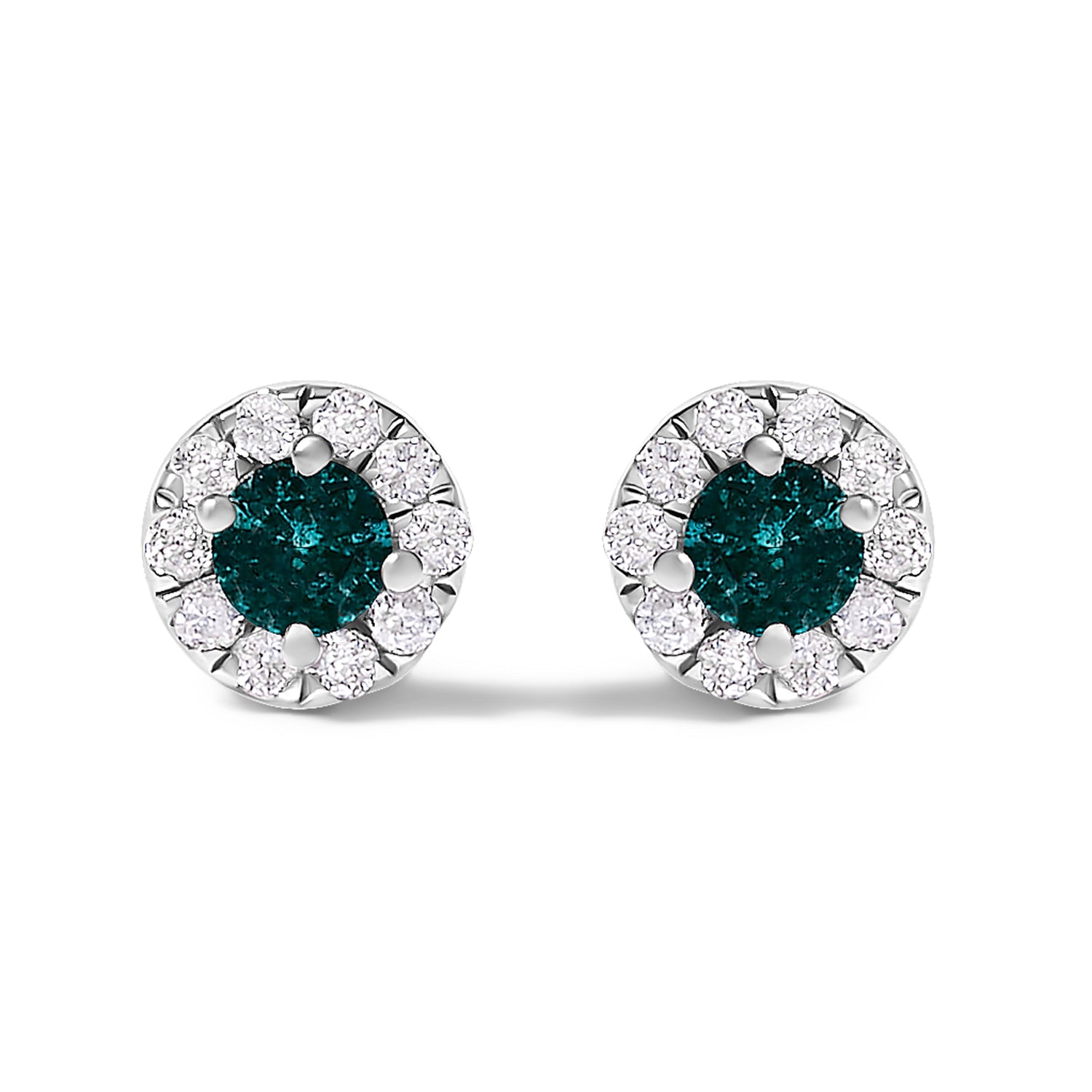 .925 Sterling Silver 1/3 Cttw White and Blue Diamond Halo Stud Earring  DestGlow