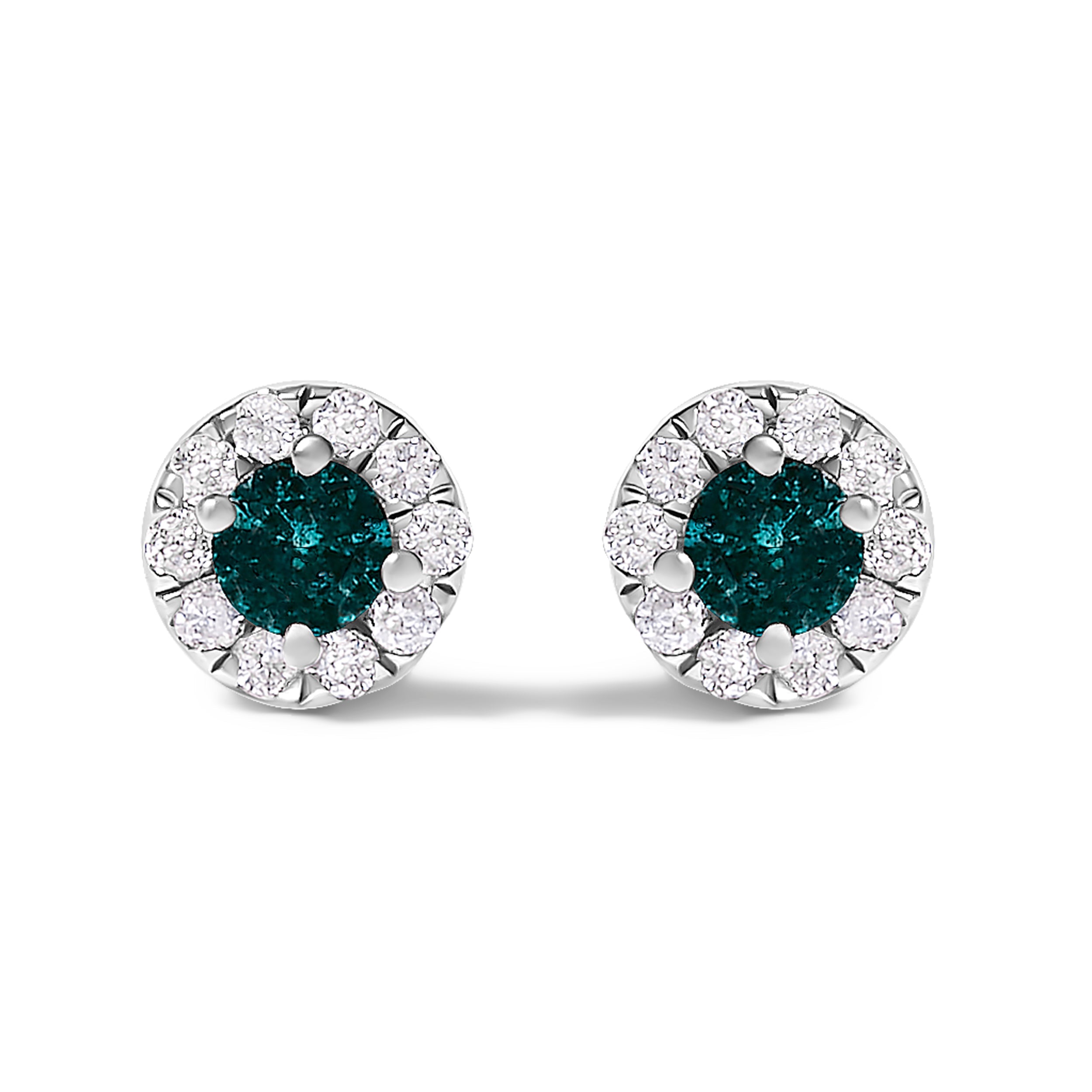 .925 Sterling Silver 1/3 Cttw White and Blue Diamond Halo Stud Earring  DestGlow