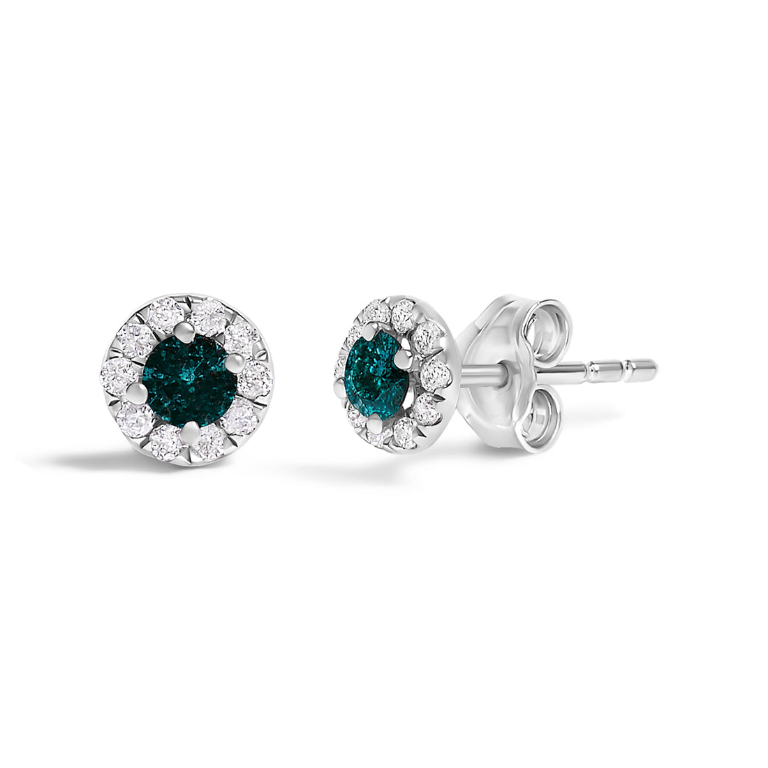 .925 Sterling Silver 1/3 Cttw White and Blue Diamond Halo Stud Earring  DestGlow