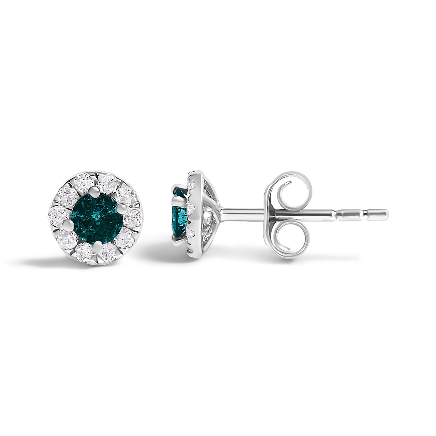 .925 Sterling Silver 1/3 Cttw White and Blue Diamond Halo Stud Earring  DestGlow