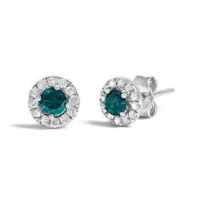 .925 Sterling Silver 1/2 Cttw Blue Diamond Halo Stud Earring  DestGlow