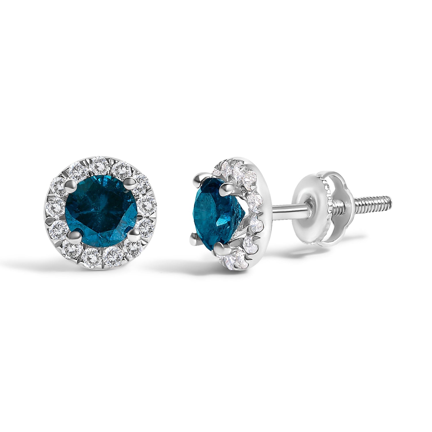 .925 Sterling Silver 1.00 Cttw Blue Diamond Halo Stud Earring  DestGlow