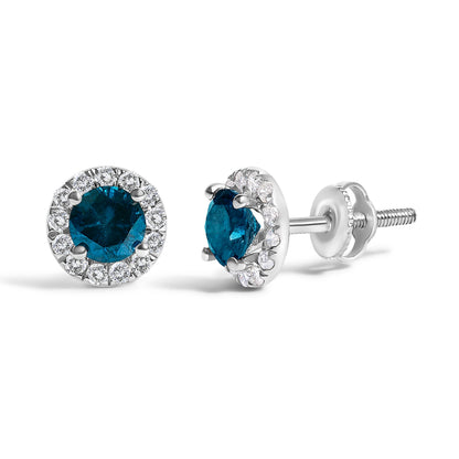.925 Sterling Silver 1.00 Cttw Blue Diamond Halo Stud Earring  DestGlow